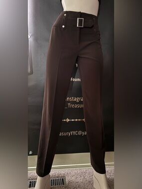 High-Rise Straight Leg Trousers in Dark Brown with Belt